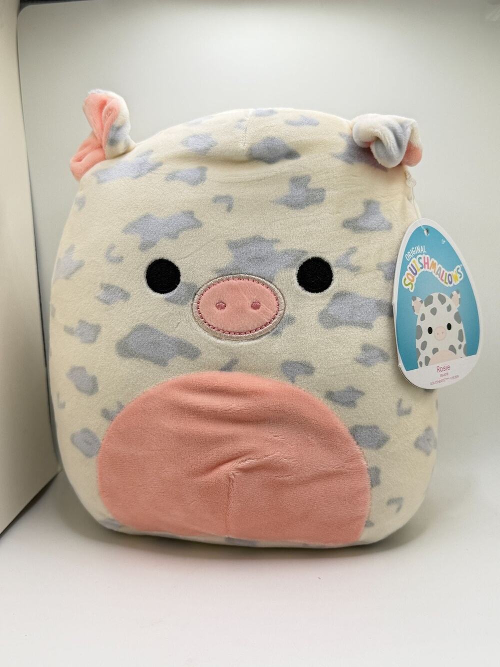 Squishmallow- NWT! 8in Rosie Cow Plush Gray Spotted Design Soft Pink Belly